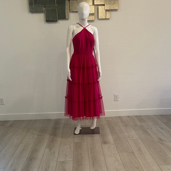 Adrianna Papell Vibrant Pink Tiered Midi Dress - Picture 3 of 9